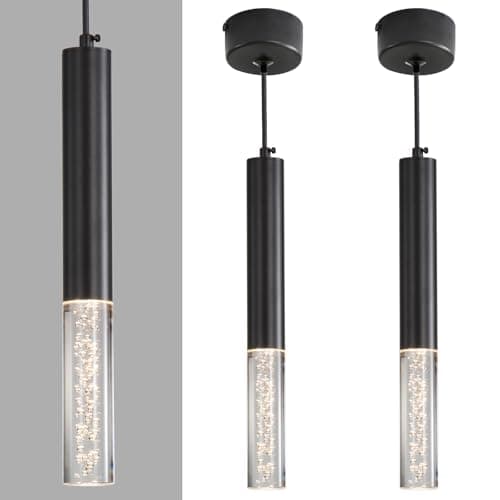 Image of Modern Black Cylinder Crystal Pendant Light, 3 Colour Temperature 3000k/4500k/6500k Bedside Pendant Lights, 2 Pack Height Adjustable 1.4M Kitchen Island Pendant Lights for Restaurant, Office, Bar