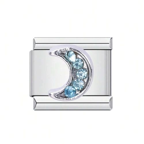 Image of Mon & Sons Moon Crystal Blue Night Sky Charm Silver Italian Link Stainless Steel Bracelet Charm Compatible With 9mm Bracelet