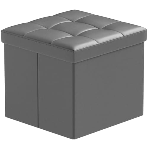 Image of BRIAN & DANY Folding Storage Ottoman, Faux Leather Cube Foot Rest Stool with Cover, Storage Chest with Highly Elastic Sponge Filling, Gray, 38 x 38 x 38 cm