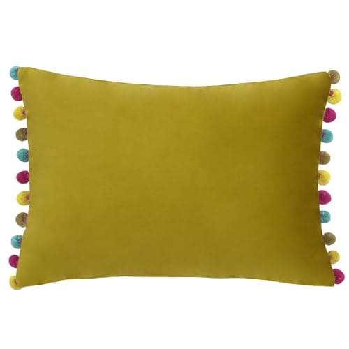 Image of Paolletti Fiesta Green Velvet Pom Pom Rectangular Cushion With Multi Coloured Pom Poms (35 x 50 cm)