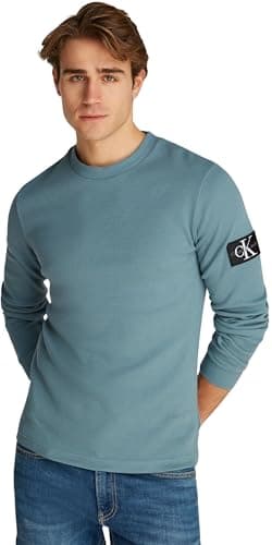 Image of Calvin Klein Men’s Badge Cotton Waffle Long Sleeve Top, Turquoise (Trooper), XXS