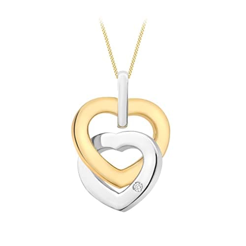 Image of CARISSIMA Women's 9 ct 2 Colour Gold Diamond Set Double Heart Pendant on Adjustable Curb Chain Necklace of Length 41 cm/16 inch-46 cm/18 inch