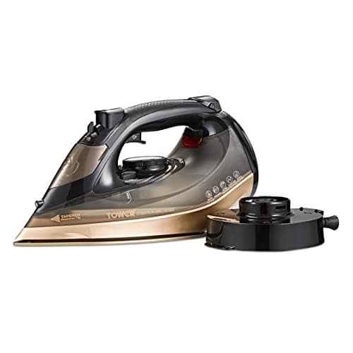 Image of Tower Cordless Steam Iron 2800W, Corded or Cordless Use for Flexible Ironing, Fast Recharge Base for Continuous Use, 170g Steam Boost, Ceramic Soleplate, 360ml Tank, Gold & Black (T22022GLD)