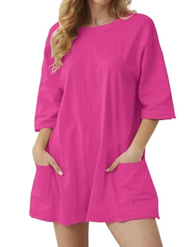 Image of TERIVEEK Women Oversized Workout Romper Casual Half Sleeve V Back Athletic Tee Short Jumpsuit Onesie with Pockets Activewear, Hot Pink, Medium