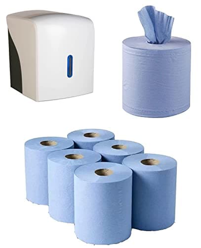 Image of Pack of 6 Centrefeed Blue Paper Rolls & White Lockable Dispenser Unit Paper Hand Towel Dispenser -