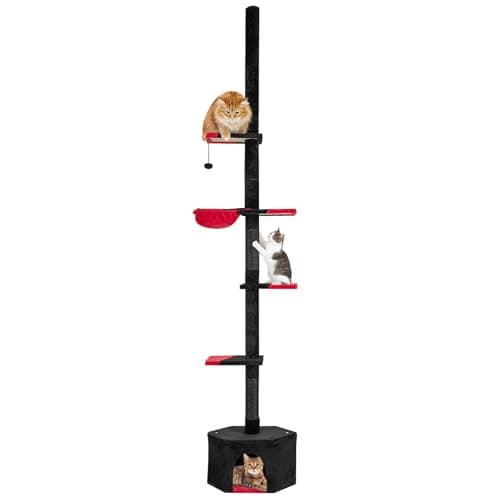 Image of COSTWAY Floor to Ceiling Cat Tree, 5 Tier Tall Cat Tower with 245-300cm Adjustable Height, Condo, Hanging Basket, Sisal Scratching Posts & Dangling Ball, Indoor Kittens Climbing Activity Center