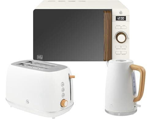 Image of Swan Fjord White Jug Kettle and 2 Slice Toaster plus Nordic 800W 20L Microwave. Matching Scandinavian Inspired Design Kitchen Set in White with Wood Effect Accents. Part of the Swan Nordic Collection