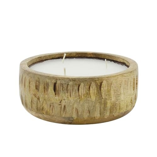 Image of Mango Wood Ribbed Large 3-Wick Candle | White Scented Candle with Sandalwood & Bergamot Fragrance | Rustic Candle Holder - 17cm