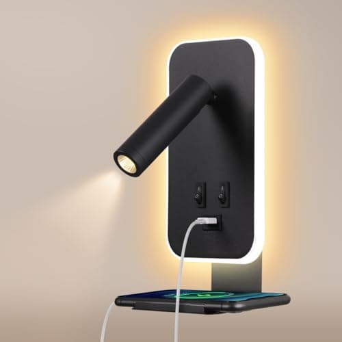 Image of Awekliy LED Wall Light, Bedside Reading Light with Switch, with USB Charging Port and Phone Tray, Bedroom Mood Lighting Adjustable Spot Light (3W 3100K+9W 6000K) Black