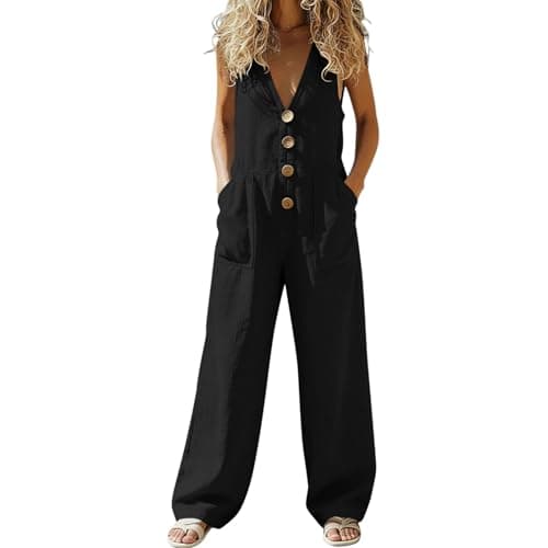 Image of Jumpsuits for Women UK Cotton Linen Sleeveless Overall V-Neck Wide Leg Outfits with Pockets Ladies Casual Loose Playsuits for Work Summer Vacation Daily Wear M Black