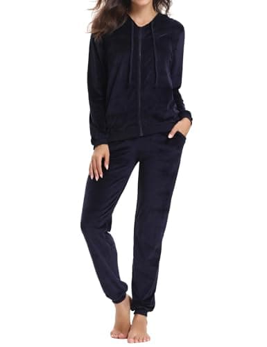 Image of Aottori Tracksuit Womens Full Set Velour Loungewear Ladies Long Sleeve Zip Up Velvet Hoodie Joggers Two Piece Outfit Sweatsuit Casual Pyjamas Sets Navy Blue XXL