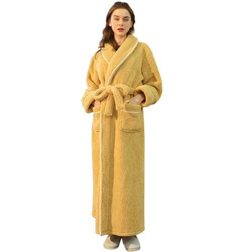 Image of DUHGBNE light dressing gown women Ladies Dressing Gowns Warm and Cosy Flannel Soft Long Bathrobe Fluffy Robe with Pockets Full Length Gowns Winter towelling bath robes for women no hood Yellow
