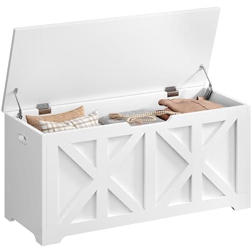 Image of Yaheetech Storage Chest, Storage Trunk, 132L Wooden Blanket Box with Safety Hinged Lid, 40×100×46.5 cm, Modern Shoe Bench for Hallway, Entryway, Living Room, Bedroom, White