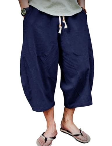 Image of EKLENTSON Mens 3/4 Cotton Linen Shorts Summer Lightweight Loose Casual Capri Pants Elastic Waist Beach Yoga Long Shorts Navy,38