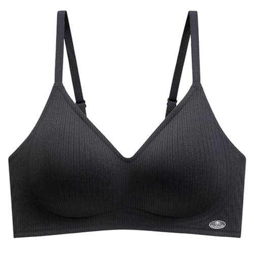 Image of Womens Ribbed Wireless Triangle Bra V Neck Adjustable Thin Straps Comfort Support Everyday Bralette (UK, Alpha, L, Regular, Regular, Black)
