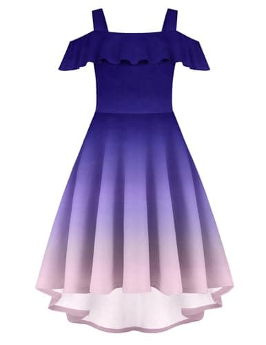 Image of Arshiner Girls' Summer Dress Off Shoulder Children's Ruffle Sleeves Square Neck Elegant Strappydress Kids A-Line Swing Skaterdress High Low Prom Dresses with Pockets Dark Blue 160/12-13 Years