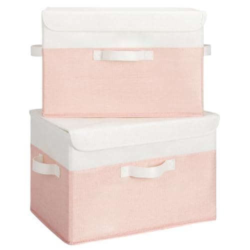 Image of GRANNY SAYS Fabric Storage Boxes with Lids, Pack of 2 Decorative Storage Boxes with Lids for Shelves, Baskets Lids for Organising Clothes, Pretty Wardrobe Organiser, White&Pink, 40 x 26 x 25.5 cm