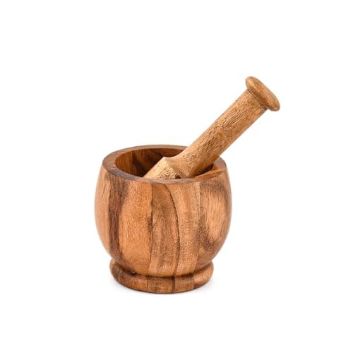 Image of Indus Lifespace Mortar & Pestles Acacia Wood Natural Wood Spice Grinder for Herbs, Garlic, and Seasonings | Rustic Kitchen Tool (4" x 4" x3")