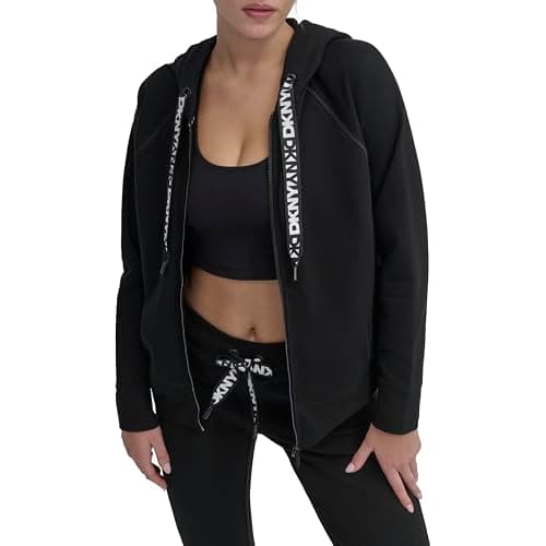 Image of DKNY Womens Two Tone Logo Zip Jacket Hooded Sweatshirt, Black, XS UK