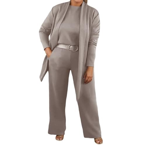 Image of Generisch Trouser Suit Women's Festive Elegant 3-Piece Set Large Sizes Trouser Suits Evening Suit Sets with Cardigan Top Trousers Jogging Bottoms Plain Knitted Anuzg Fitness Suit, coffee, L