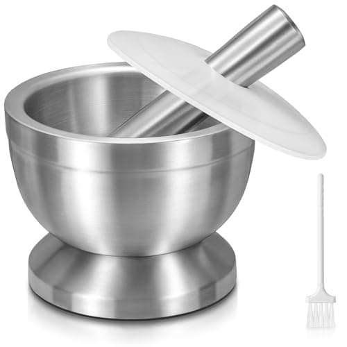 Image of Pestle and Mortar Set, Sopito Stainless Steel Mortar Bowl and Pestle with Lid and Anti Slip Base for Herbs, Garlic, Ginger & Spices, 11.7cm/4.6in Diameter