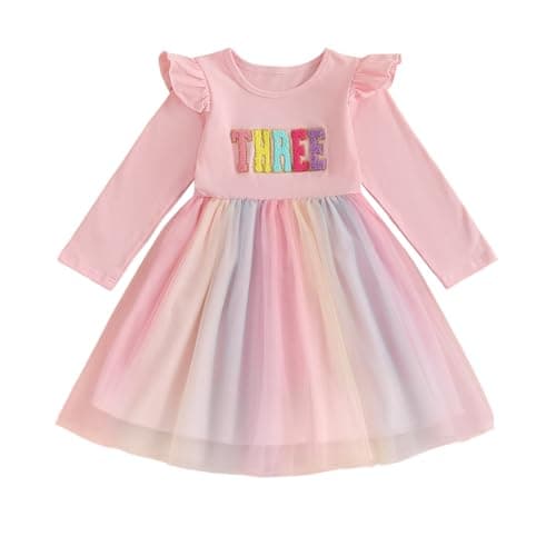 Image of Todder Girl Birthday Dress 1st/2nd/3rd Letter Embroidery Long Sleeve Princess Dress Tiered Layered Puffy A-Line Tulle Patchwork Tutu Skirt for Kids Girls Birthday Outfits (Pink THREE, 3-4 Years)