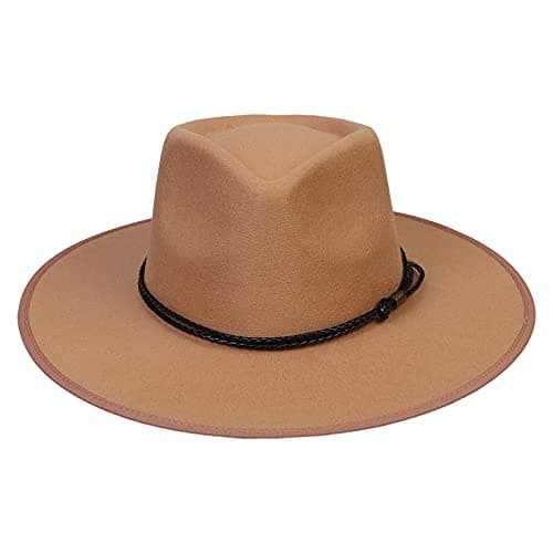 Image of JK Home Wide Brim Fedora Hat - Wool Felt Panama Cap - One Size Unisex Women Men - Black Braided Leather Band