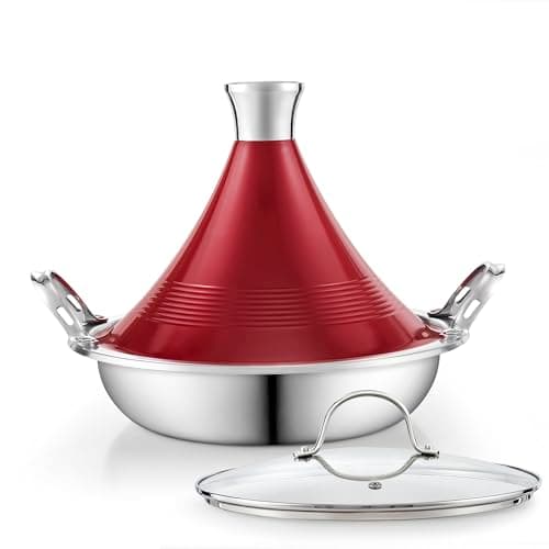 Image of Cooks Standard Moroccan Tagine Pot 3.6 Qt, 11 Inch Multi-Ply Clad Stainless Steel Pan with Dual Handles, Clay Pot Alternative for Slow Cooking, with Conical Die-Cast Aluminum & Glass Lid, Red