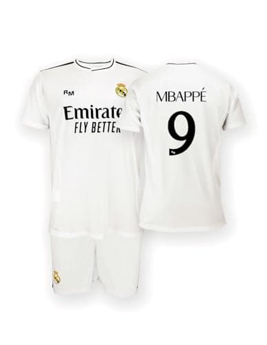 Image of Real Madrid Home Kit Jersey and Shorts, Season 24/25, Mbappé, 14 Years, Replica Shirt with Official License
