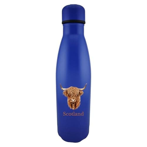 Image of 1stclassgifts Highland Cow & Scotland Text 500ml Insulated Water Bottle 14 Colours Available (UV Printed) (Blue)
