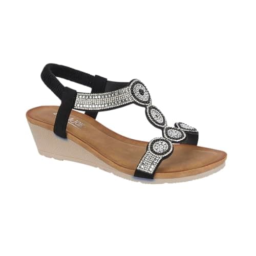 Image of Jo & Joe Ladies Mid Heel Wedge Comfort Sandal with Glitzy Jewels and Elasticated Slingback Strap, Flexible sole sizes 4-8 (Black 5, UK Footwear Size System, Adult, Women, Numeric, Medium, 5)