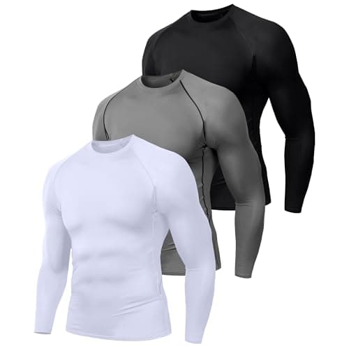 Image of Holure 3 Pack Compression Shirts for Men Long Sleeve Mens Running Top Quick Dry Base Layer Tops for Gym Sports Fitness Workout Black/Grey/White-L