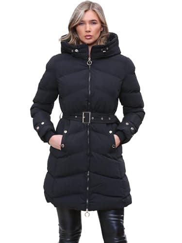 Image of kraftd Women's Hooded Coat Longline Belted Padded Bubble Winter Warm Long Jacket Puffer Coats with Removable Faux Fur Hood