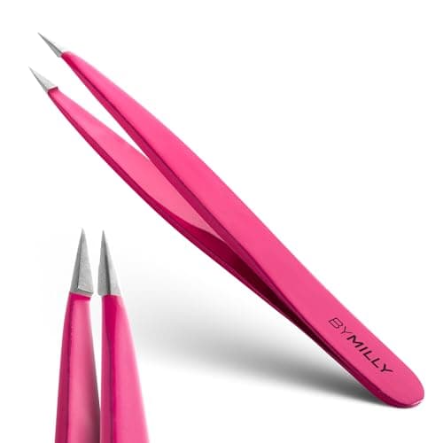 Image of By MILLY Pointed Tweezers - High Carbon Stainless Steel, Point-Tip Precision Tweezers for Ingrown Hair, Eyebrows, Facial Hair, Splinters, Glass Removal - Perfectly Aligned, Hand-Filed - Pink