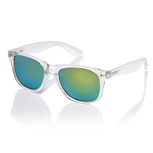 Image of Ultra - Clear Frame Sunglasses UV400 - Transparent Retro Unisex Mirrored Fashion Glasses for Men & Women with Spring Hinges & Pouch - Green Sunset Lenses