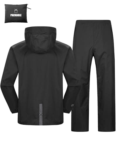 Image of Outdoor Ventures Men's Packable Rain Suit Lightweight Rainwear Waterproof Jacket and Trouser Set for Riding Hiking Fishing Camping Black-Unlined L