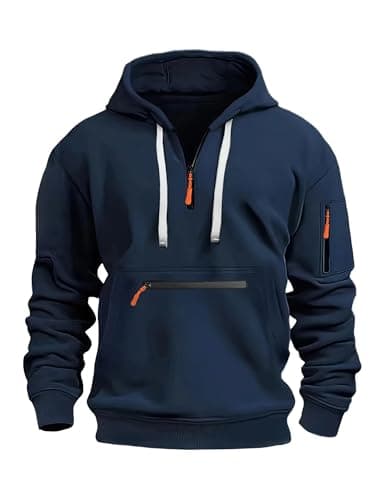 Image of Volemo Mens Hoodies Quarter Zip Hoodie Colour Contrast Hooded Sweatshirt Long Sleeve Hoody Tops with Pocket Navy L