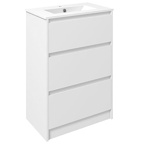 Image of kleankin 600mm Bathroom Vanity Unit with Basin and Single Tap Hole, High Gloss White Floor Standing Bathroom Sink Unit with 2 Drawers for Cloakroom