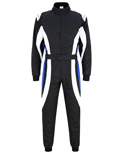 Image of Folkon Adult Go Karting Suit One Piece Polycotton Kart Racing Overalls Quilted Motorsport Track Day & Rally Practice Suit (Black-White-Blue, XS)