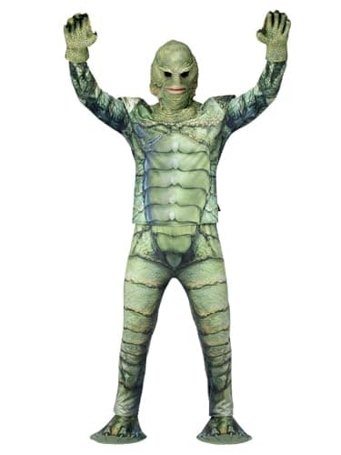 Image of Smiffys Universal Monsters Creature From The Black Lagoon Costume, Adults Official License Outfit with Latex Mask & Gloves for a Complete Creature Look, Perfect for Halloween and Themed Parties