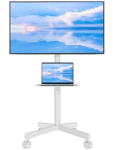 Image of BONTEC Mobile TV Stand on Wheels, Free Standing TV Stand for 23-60 Inch LED LCD Plasma TVs, Rolling Floor TV Cart with Height Adjustable Laptop Shelf, Max VESA 400x400mm, Holds up to 25kg, white
