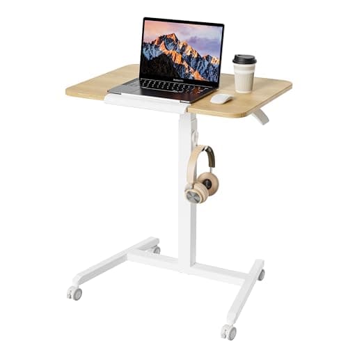 Image of ETHU Mobile Standing Desk with 90° Tiltable Tabletop, Height Adjustable Mobile Laptop Workstation from 76-110cm, Rolling Podium with Magnetic Hook for Laptop, Home & Office Use, Oak