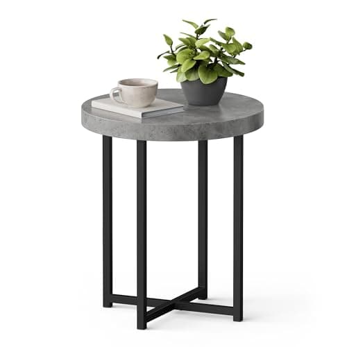 Image of VonHaus Grey Side Table - Concrete Effect End Table – Living Room Table w/Industrial Black Legs – Round Small Table for Living Room, Dining Room, Lounge & Hallway – Circular Bedside Stand for Bedroom