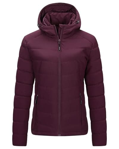 Image of Outdoor Ventures Women's Winter Puffer Jacket Quilted Padded Coat Transitional Insulated Hooded Jackets Windproof Outerwear for Hiking Travel Skiing Wine L
