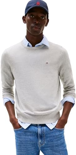 Image of Tommy Hilfiger Men’s Essential Cotton Round Neck Jumper, Grey (Light Grey Heather), XXL