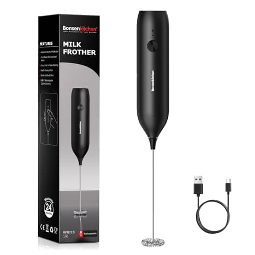 Image of Bonsenkitchen Handheld Milk Frother, Electric Milk Foamer Matte Stainless heas& ABS Body, Type-C Rechargeable, Whisk for Coffee, Lattes, Cappuccino, Matcha, Electric Stirrer Coffee Mixer Wand (Black)