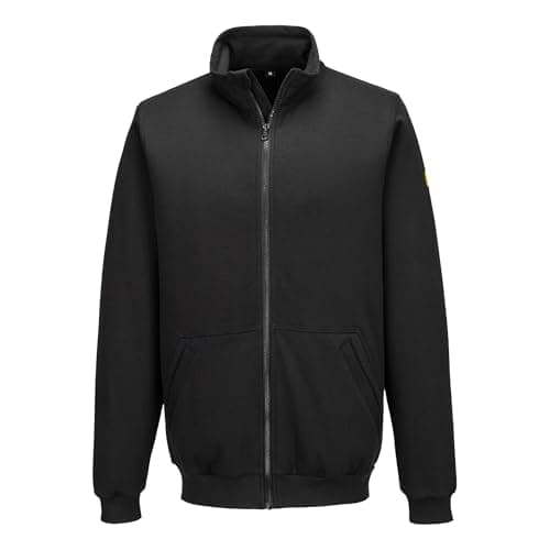 Image of Portwest AS25 Anti Static ESD Zip Sweatshirt Cotton Carbon Fibre Blend Workwear Secure Pockets Ribbed Cuffs Comfortable Fit Durable CE Certified Protective Clothing, Black, M