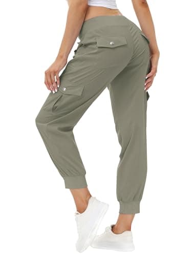 Image of JINSHI Women's Casual Sports Trousers Athletic Jogger Pants Quick Dry Workout Training Running Hiking Trousers with Cargo Pockets Grey-Khaki Size M
