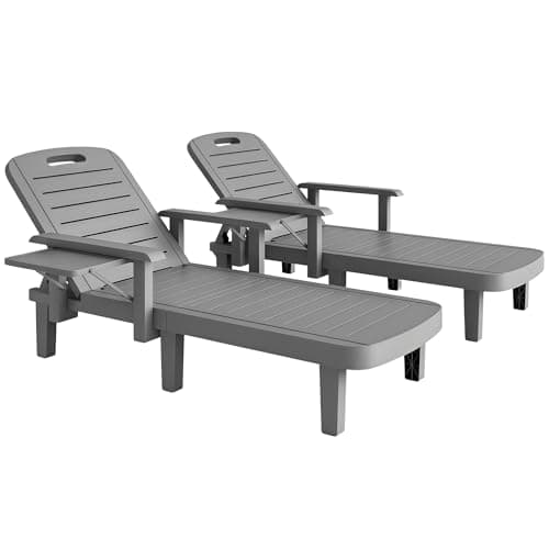 Image of Outsunny Set of 2 Resin Reclining Sun Loungers for Garden, 5 Positions Adjustable Outdoor Chaise Lounge Chairs with Wood Texture Surface, Armrests, Foldable Side Table for Garden, Beach, Dark Grey