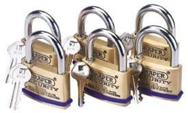 Image of Draper 60mm Solid Brass Padlocks Pack 6 Keyed Alike All Same Keys